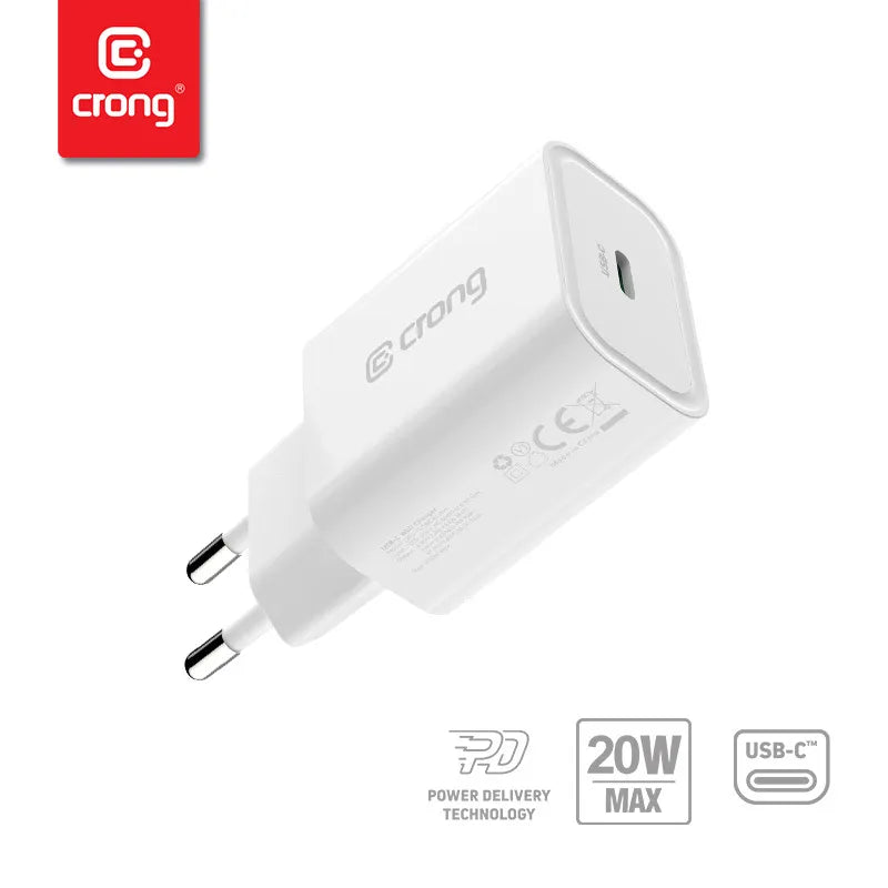 Crong USB-C kelioninis įkroviklis – USB-C Power Delivery 20 W sieninis įkroviklis (baltas)