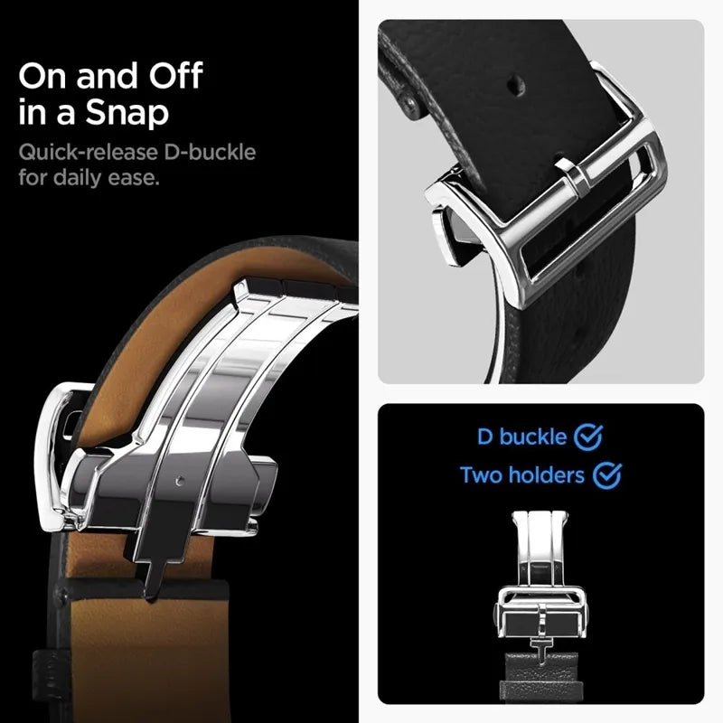 Spigen Enzo – natūralios odos dirželis Samsung Galaxy Watch 8 / 8 Classic 40 / 44 / 46 mm (juodas)