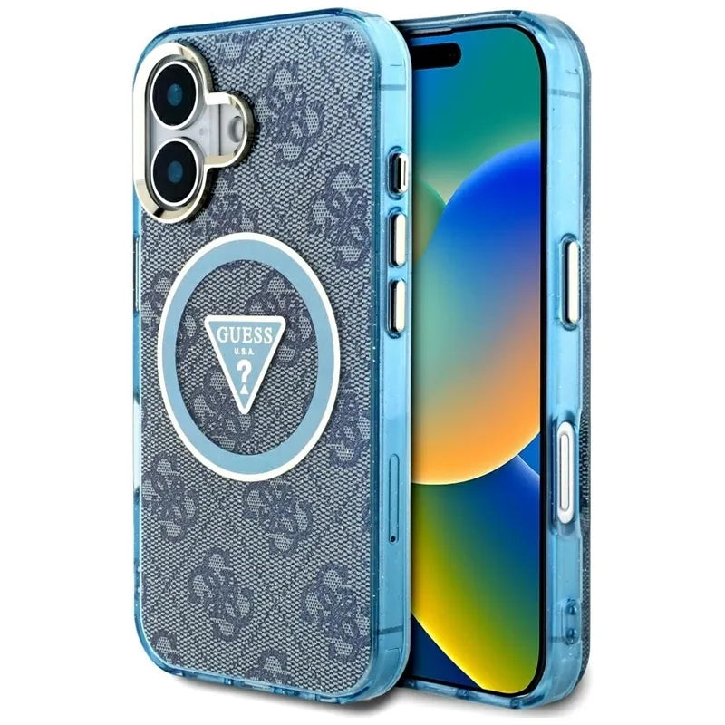 Guess IML Metal Glitter 4G Circle Triangle MagSafe – dėklas iPhone 16 (mėlynas)