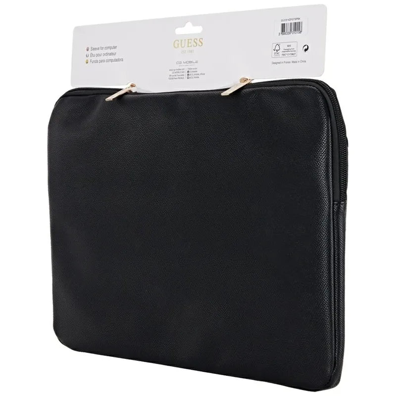 Guess Grained Zipper Pocket Triangle Logo Sleeve – nešiojamojo kompiuterio dėklas 14" (juodas)