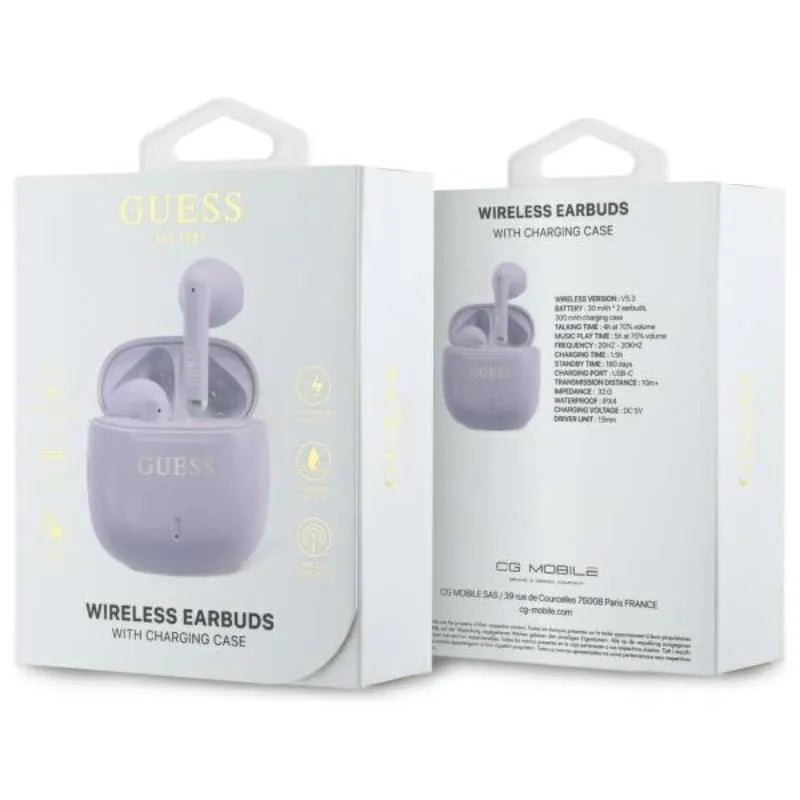 Guess Printed Classic Logo – Bluetooth TWS ausinės + įkrovimo dėklas (violetinės)