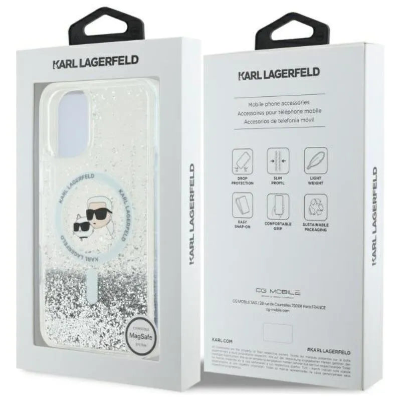Karl Lagerfeld Liquid Glitter Karl & Choupette Head MagSafe – dėklas iPhone 16 Plus (skaidrus)