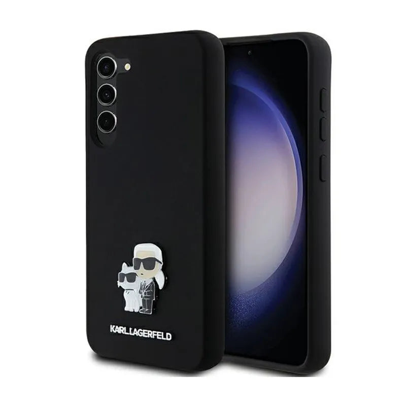 Karl Lagerfeld Silicone Karl & Choupette Metal Pin dėklas Samsung Galaxy S24+ (juodas)