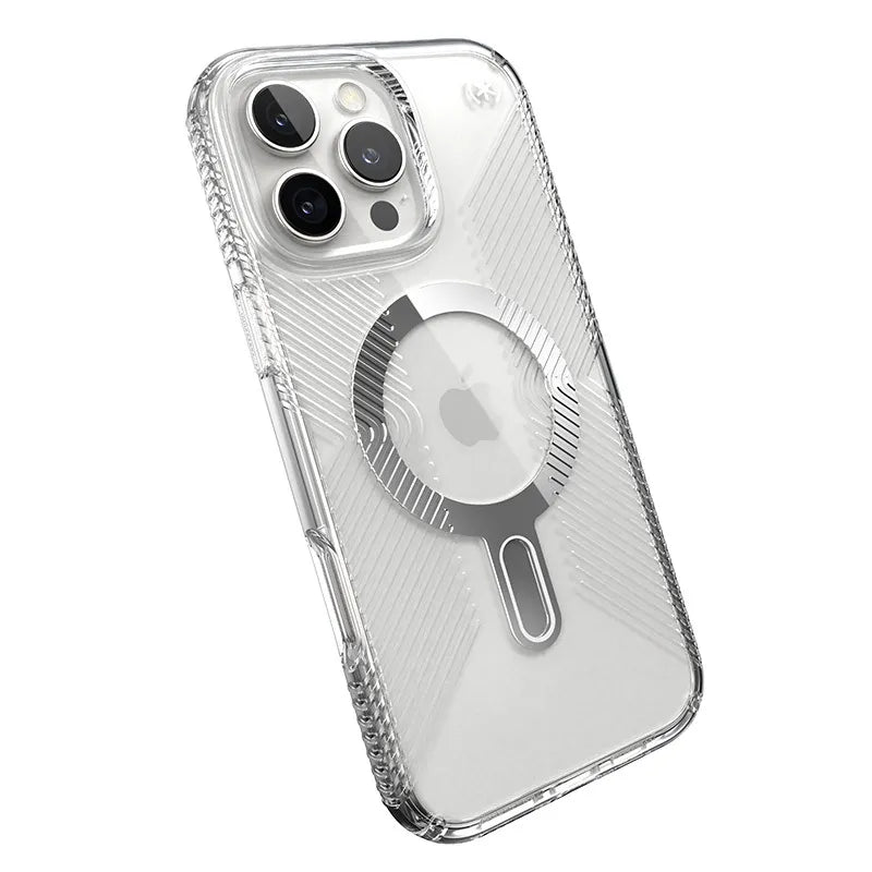 Speck Presidio Perfect-Clear Grip ClickLock & MagSafe – Dėklas iPhone 16 Pro Max (Skaidrus / Chromuota apdaila / Serene Silver)
