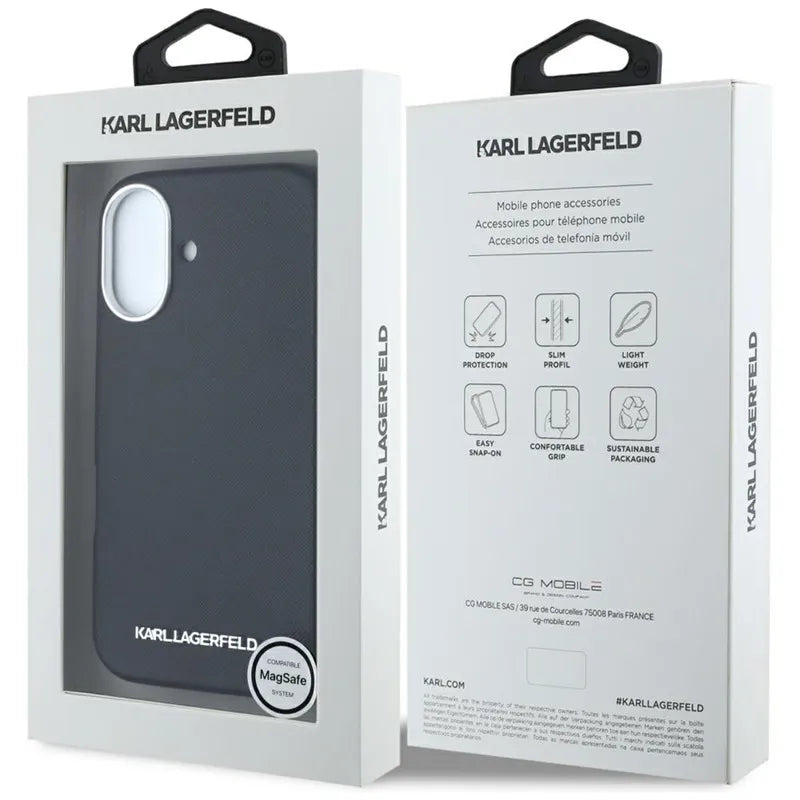 Karl Lagerfeld Saffiano Full Wrapped Elongated Metal Logo MagSafe – dėklas iPhone 16 (juodas)