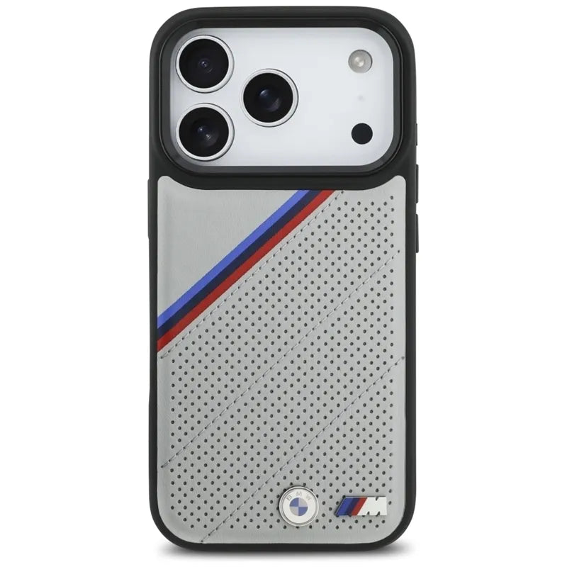 BMW M Tricolor Metal Logo MagSafe – iPhone 17 Pro dėklas (pilkas)