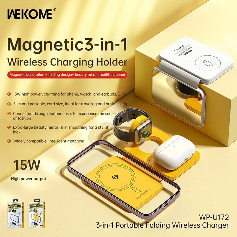 WEKOME WP-U172 – 3-in-1 belaidis įkroviklis su „MagSafe“, skirtas „iPhone“, „Apple Watch“ ir „AirPods“ + veidrodis (geltonas)