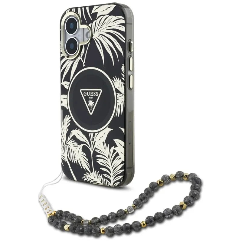 Guess Palm Trees Triangle Pearl Strap MagSafe – dėklas iPhone 16 (juodas)