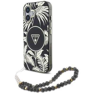 Guess Palm Trees Triangle Pearl Strap MagSafe – dėklas iPhone 16 (juodas)