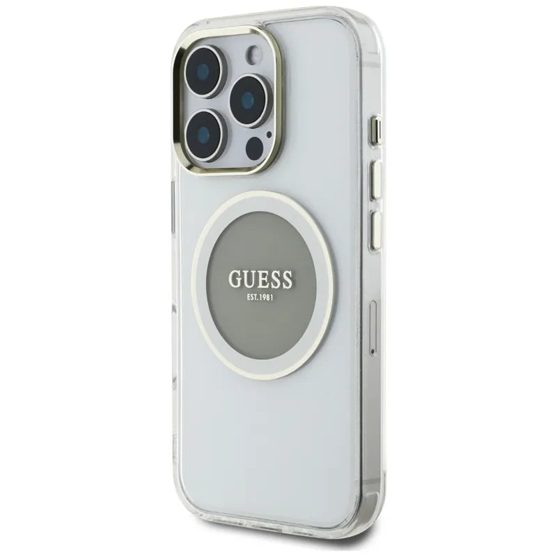 Guess IML Metal Colored Circle Classic Logo MagSafe – dėklas iPhone 16 Pro (pilkas)