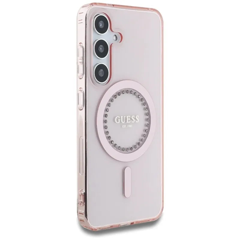 Guess Rhinestones Printed Classic Logo MagSafe - dėklas Samsung Galaxy S25 (rožinis)