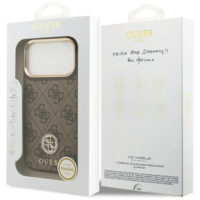 Guess 4G Strass Logo MagSafe - Dėklas iPhone 17 Pro (Rudas)