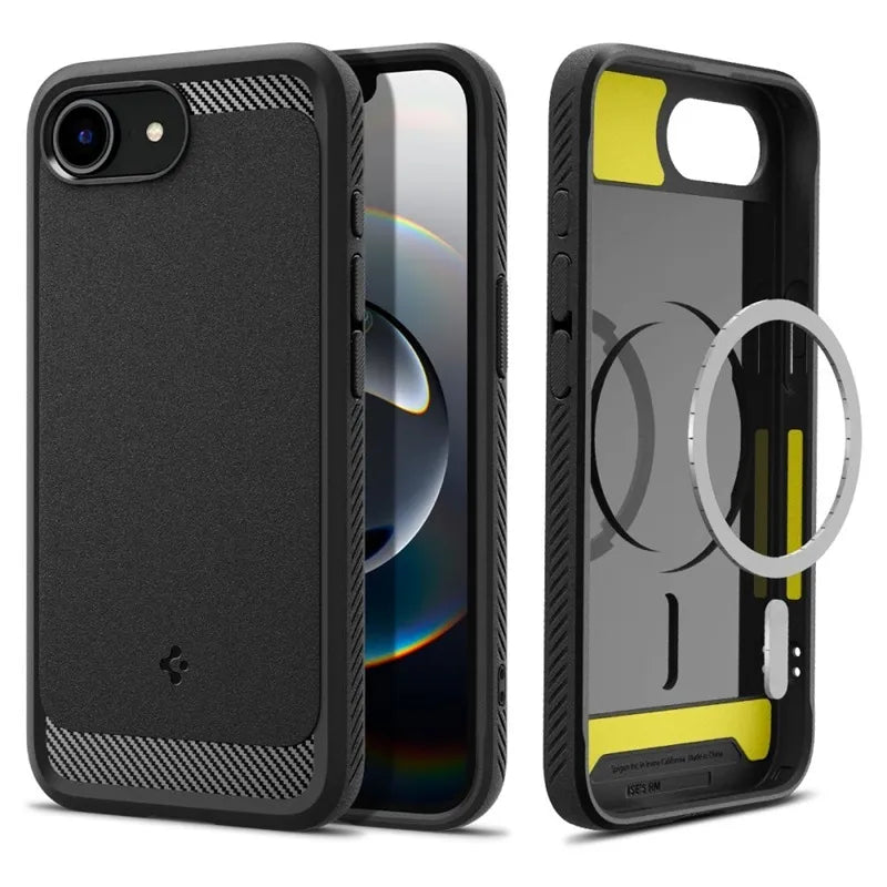 Spigen Rugged Armor Mag MagSafe – dėklas iPhone 17e / 16e (matinė juoda)