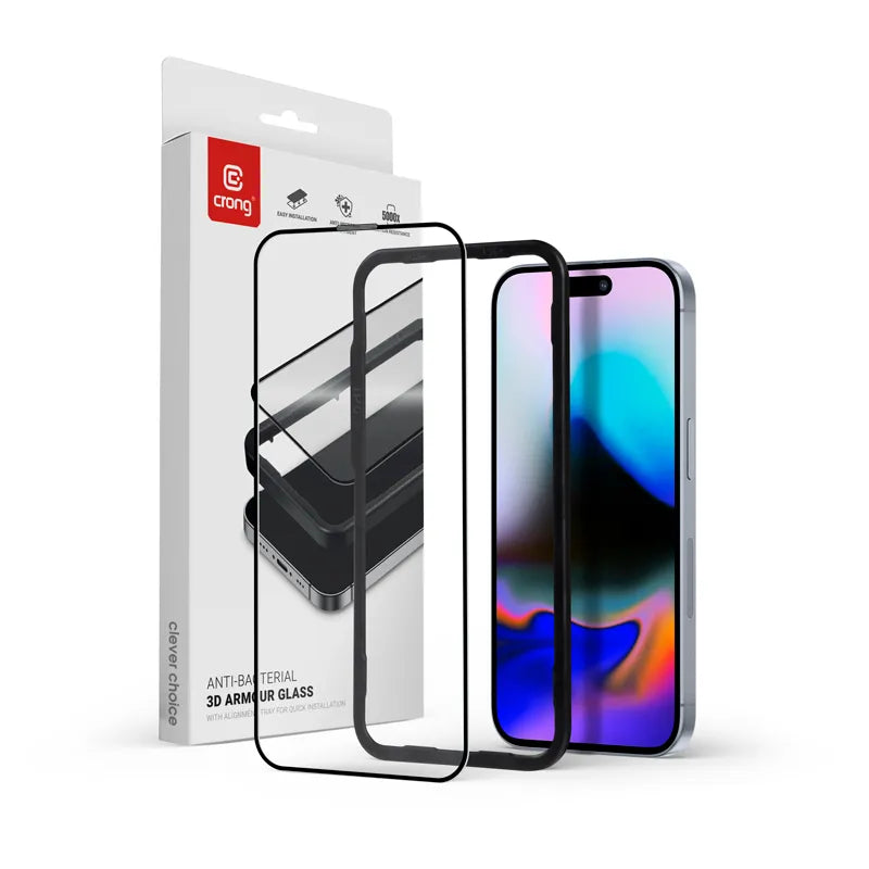 Crong antibakterinis 3D Armor Glass – 9H pilno klijavimo grūdintas stiklas, skirtas iPhone 16 Pro + montavimo rėmelis