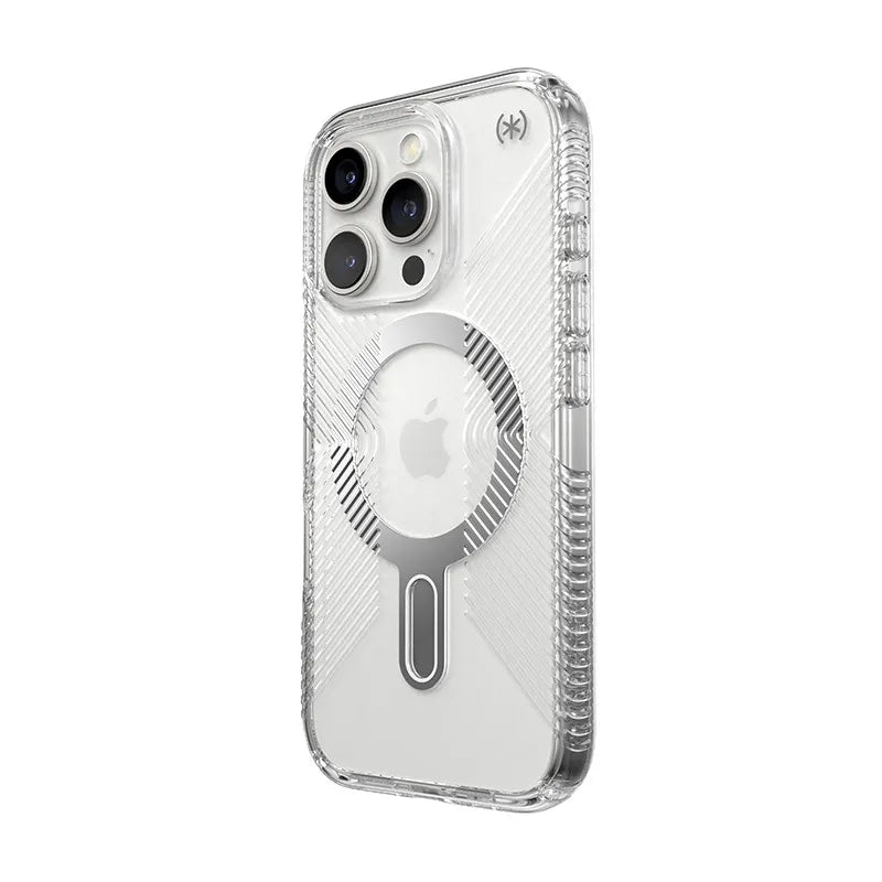 Speck Presidio Perfect-Clear Grip ClickLock & MagSafe – dėklas iPhone 16 Pro (skaidrus / chromuota apdaila / Serene Silver)