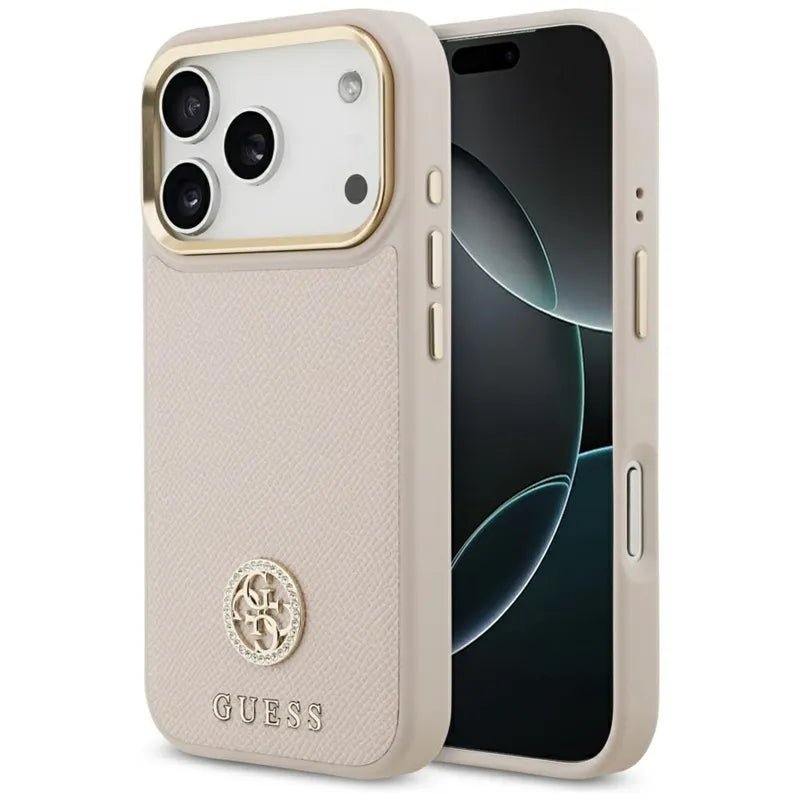 Guess Grained Strass Logo MagSafe – dėklas iPhone 17 Pro (rožinis)