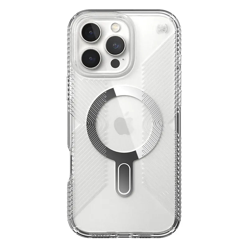 Speck Presidio Perfect-Clear Grip ClickLock & MagSafe – Dėklas iPhone 16 Pro Max (Skaidrus / Chromuota apdaila / Serene Silver)