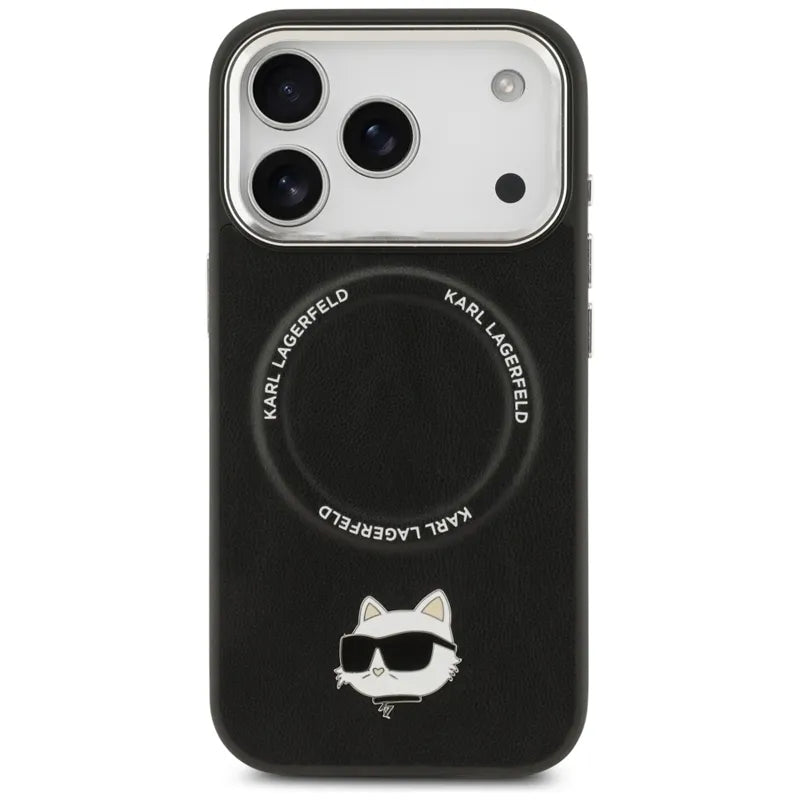 Karl Lagerfeld Choupette Pin MagSafe – dėklas iPhone 17 Pro (juodas)