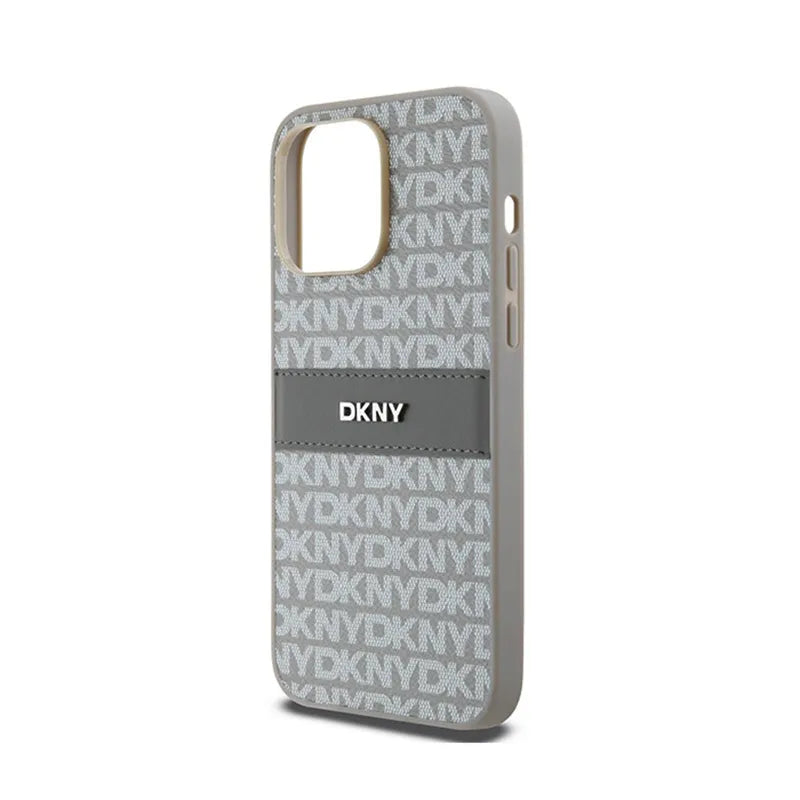 DKNY Leather Mono Stripe & Metal Logo – dėklas iPhone 14 Pro Max (smėlio spalvos)
