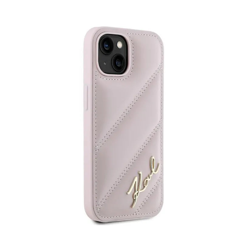 Karl Lagerfeld Diagonal Quilted Script – dėklas, skirtas iPhone 15 Plus / 14 Plus (rožinis)