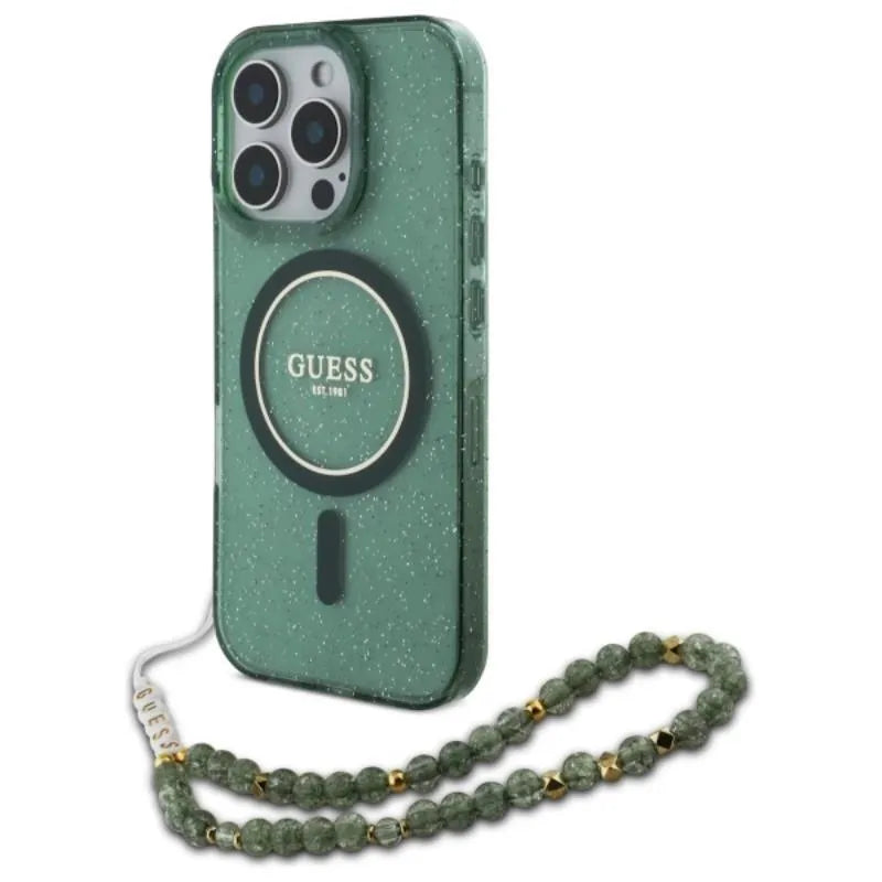 Guess IML Glitter With Pearl Strap MagSafe – dėklas iPhone 16 Pro Max (žalias)