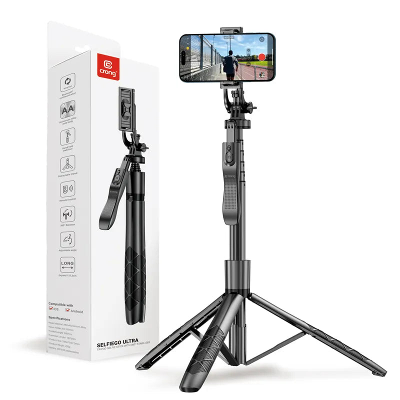 Crong SelfieGo Ultra – aliumininis Bluetooth asmenukių lazdos trikojis (juodas)