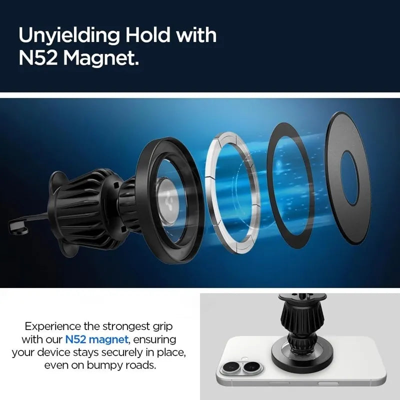 Spigen MFT13 magnetinis automobilinis laikiklis prietaisų skydeliui ir ventiliacijos grotelėms – „MagSafe“ magnetinis laikiklis (juodas)