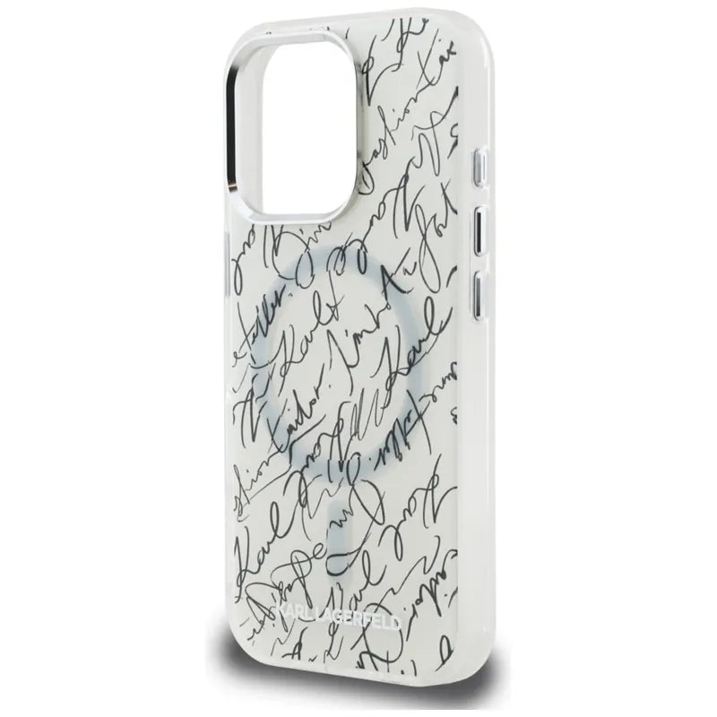 Karl Lagerfeld IML Karl Script Pattern MagSafe – dėklas iPhone 16 Pro Max (baltas)