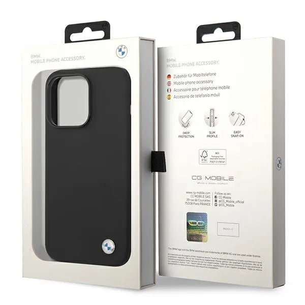 BMW Liquid Silicone dėklas su metaliniu logotipu, skirtas iPhone 14 Pro Max (juodas)