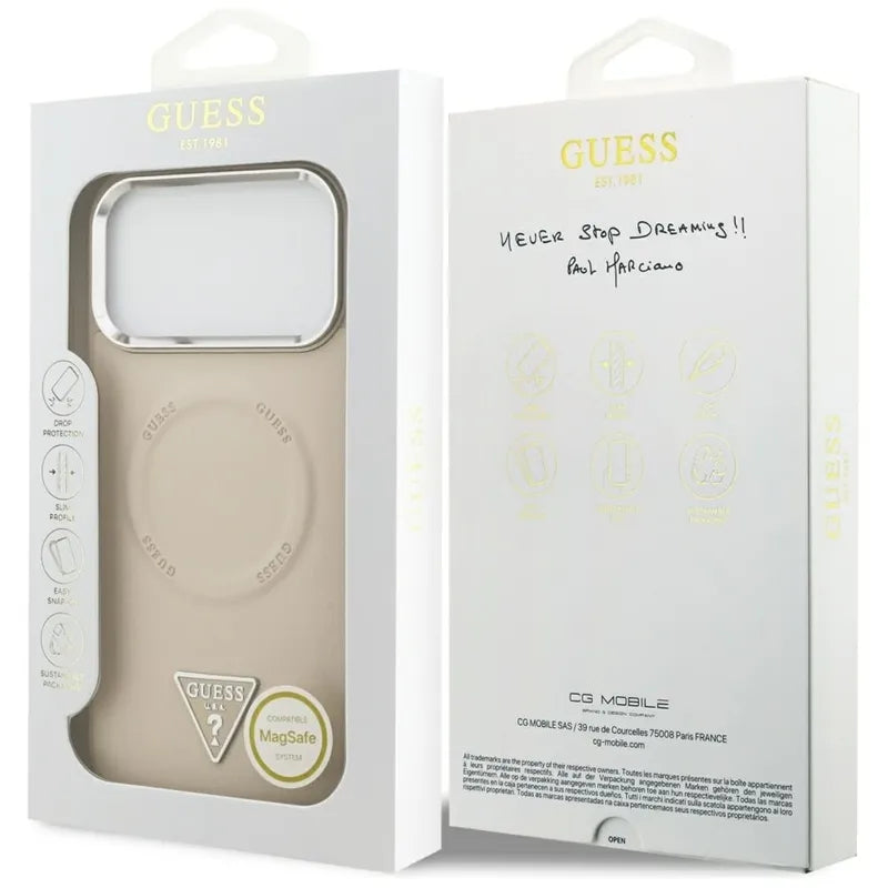 Guess Triangle Logo MagSafe dėklas iPhone 17 Pro Max (smėlio spalvos)