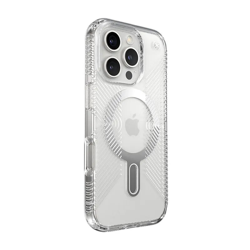 Speck Presidio Perfect-Clear Grip ClickLock & MagSafe – dėklas iPhone 16 Pro (skaidrus / chromuota apdaila / Serene Silver)