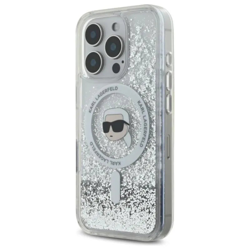 Karl Lagerfeld Liquid Glitter Karl Head MagSafe – dėklas „iPhone 16 Pro“ (skaidrus)