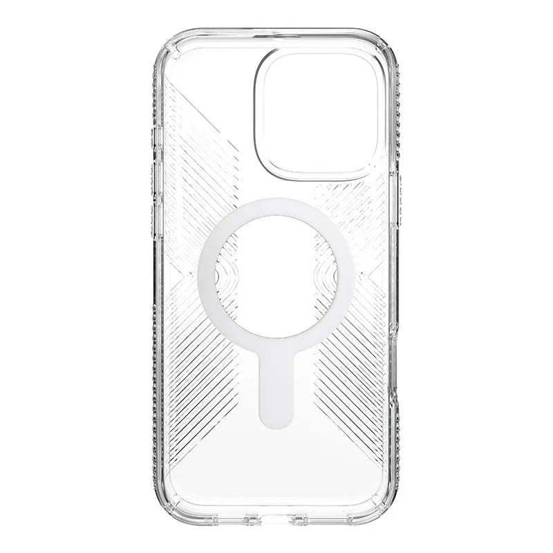 Speck Presidio Perfect-Clear Grip ClickLock & MagSafe – Dėklas iPhone 16 Pro Max (Skaidrus / Chromuota apdaila / Serene Silver)