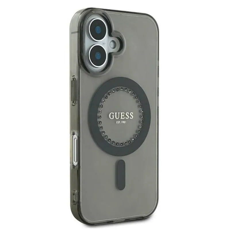 Guess IML Rhinestones MagSafe – dėklas, skirtas iPhone 16 (juodas)