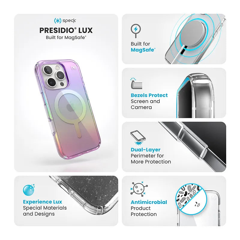 Speck Presidio2 Lux MagSafe – iPhone 16 Pro dėklas (Amazing Purple / Clear)