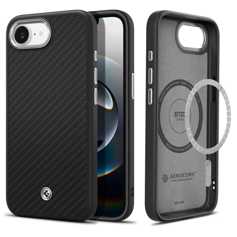 Spigen Enzo Aramid Mag MagSafe – dėklas iPhone 17e / 16e (juodas)