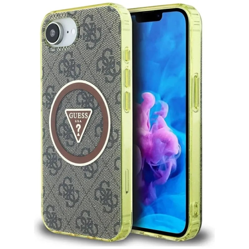 Guess IML Metal Glitter 4G Circle Triangle MagSafe – dėklas iPhone 16e (rudos spalvos)
