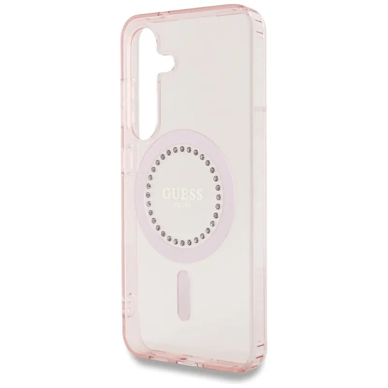 Guess Rhinestones Printed Classic Logo MagSafe - dėklas Samsung Galaxy S25 (rožinis)