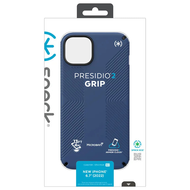Speck Presidio2 Grip – neslystantis iPhone 15 Plus / 14 Plus dėklas (Coastal Blue / Black / White)