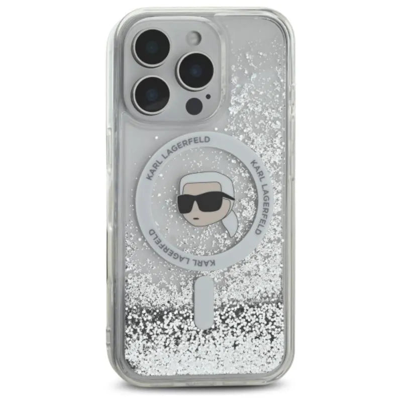Karl Lagerfeld Liquid Glitter Karl Head MagSafe – dėklas „iPhone 16 Pro“ (skaidrus)