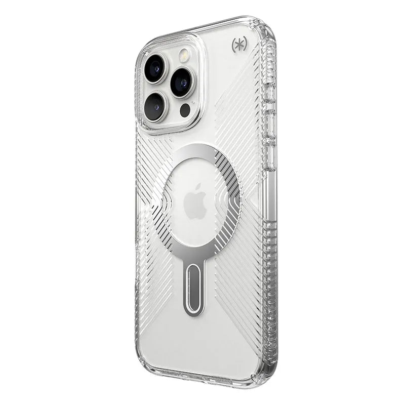 Speck Presidio Perfect-Clear Grip ClickLock & MagSafe – Dėklas iPhone 16 Pro Max (Skaidrus / Chromuota apdaila / Serene Silver)
