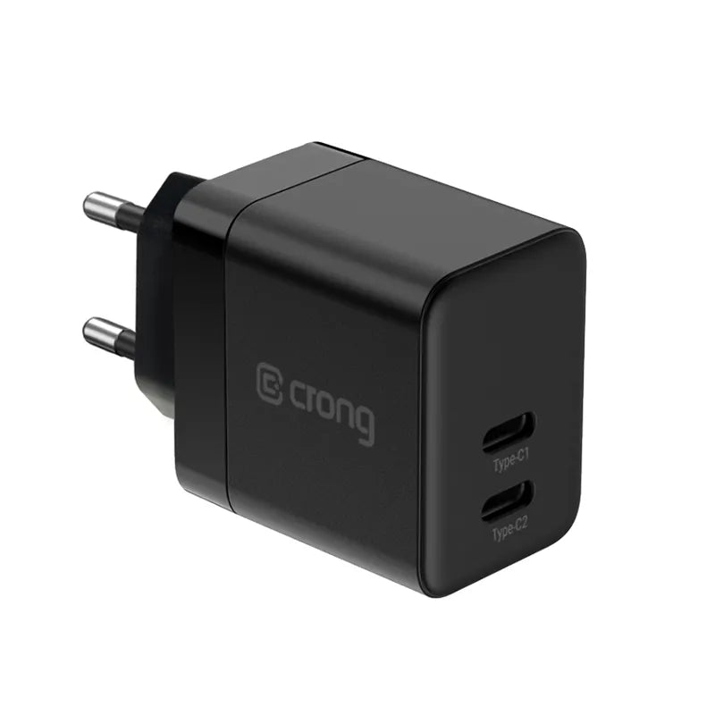 Crong Ultra Compact GaN – 2x USB-C 35W PD 3.0 sieninis įkroviklis su PPS (juodas)