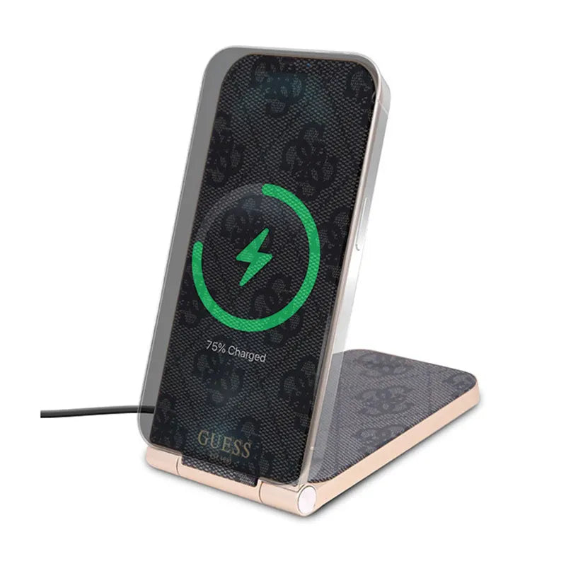 Guess 4G Pattern MagSafe – sulankstomas 2-in-1 indukcinis įkroviklis su MagSafe technologija, skirtas iPhone ir AirPods 15W (juodas)