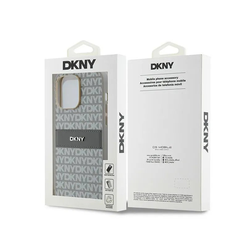 DKNY Leather Mono Stripe & Metal Logo – dėklas iPhone 14 Pro Max (smėlio spalvos)