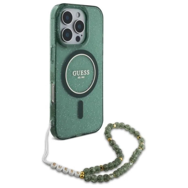 Guess IML Glitter With Pearl Strap MagSafe – dėklas iPhone 16 Pro Max (žalias)