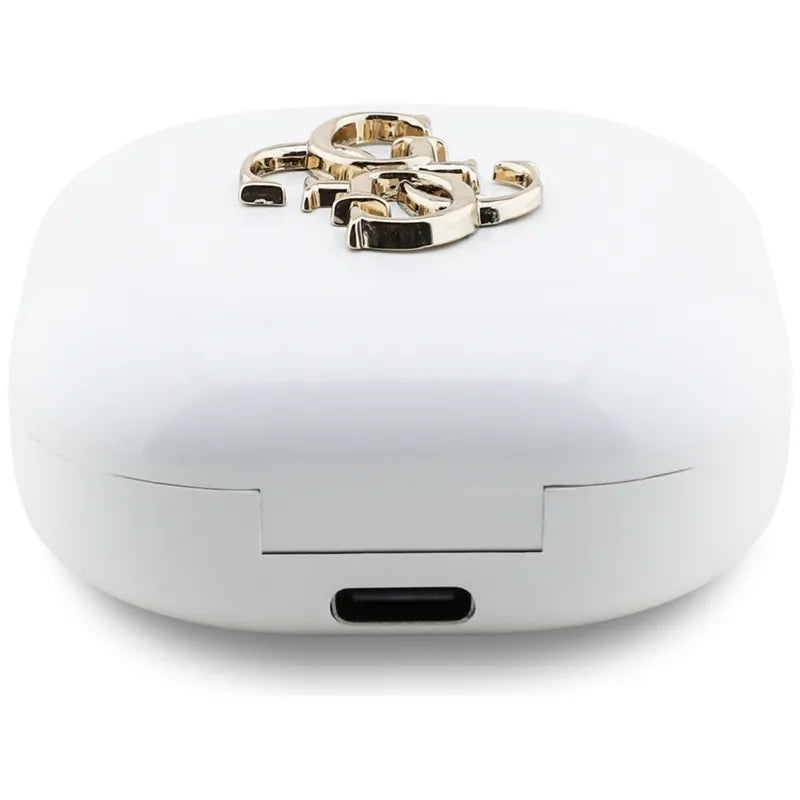 Guess 4G Metal Logo – TWS Bluetooth ausinės + įkrovimo dėklas (baltos)