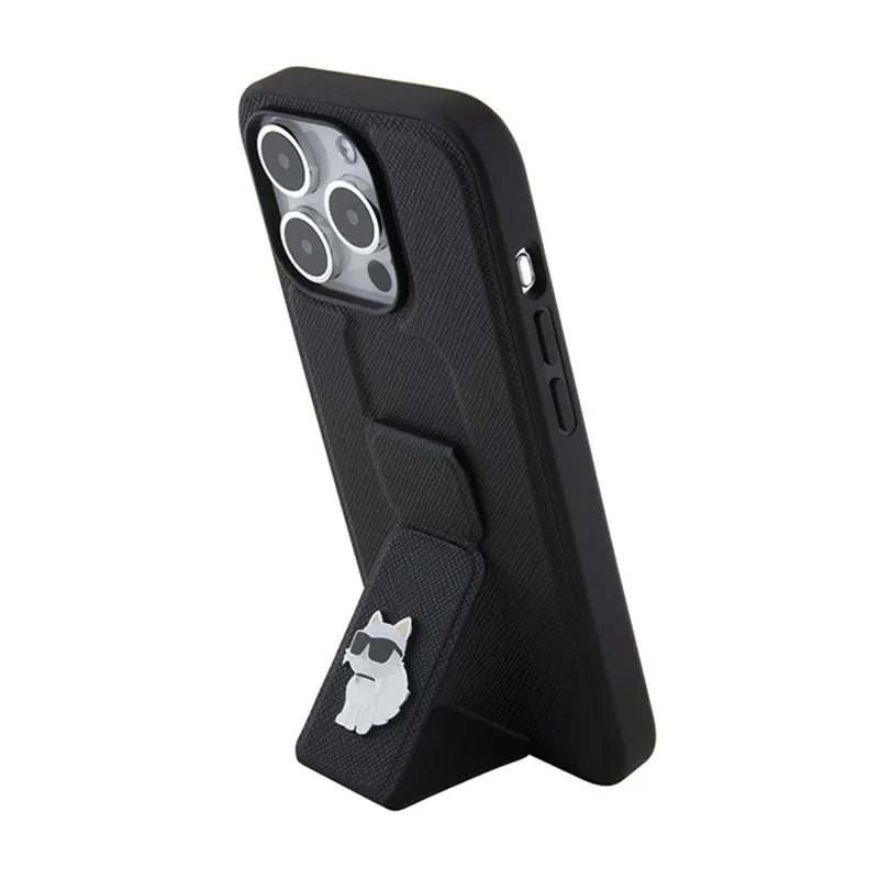 Karl Lagerfeld Gripstand Saffiano Choupette Pins - dėklas iPhone 15 Pro (juodas)