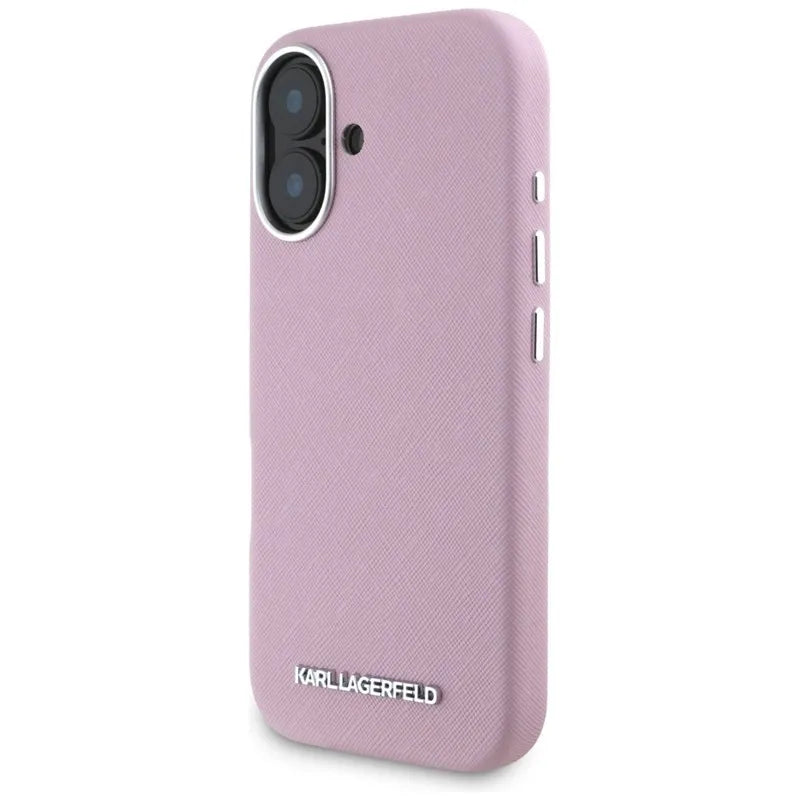 Karl Lagerfeld Saffiano Full Wrapped Elongated Metal Logo MagSafe - dėklas iPhone 16 (rožinis)