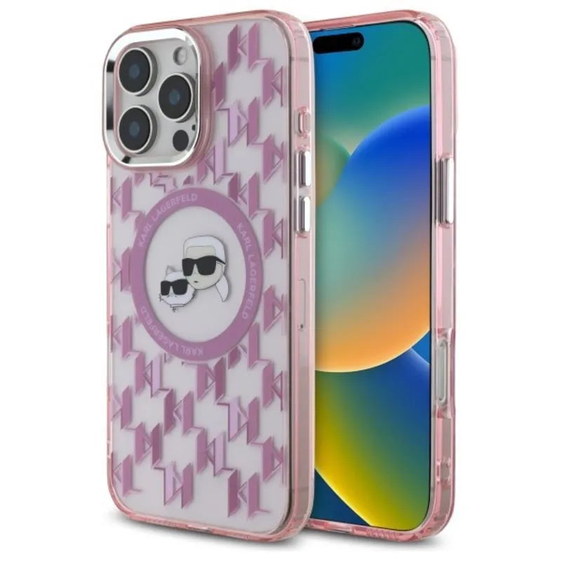 Karl Lagerfeld IML Monogram Karl & Choupette Head MagSafe – Dėklas iPhone 16 Pro (rožinis)
