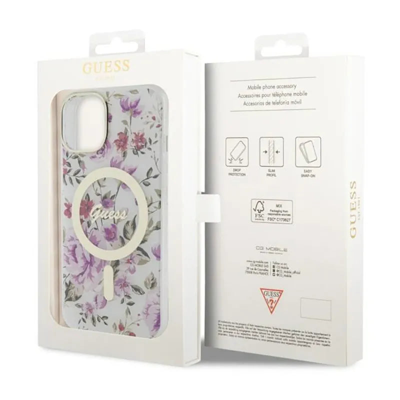 Guess Flower MagSafe – Dėklas, skirtas iPhone 14 Plus (Skaidrus)